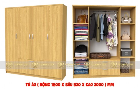 Tủ Áo 4 Cánh Gỗ Công Nghiệp MDF Phủ Melamine 1m8x2