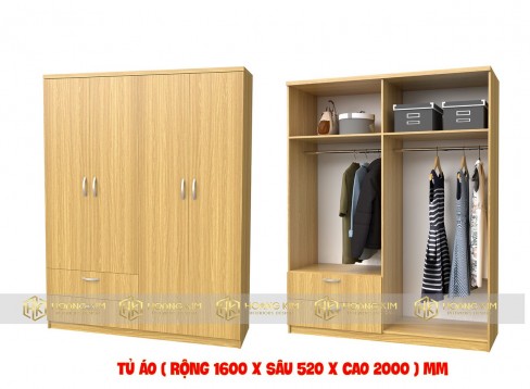 Tủ Áo 4 Cánh Gỗ Công Nghiệp MDF Phủ Melamine 1m6x2