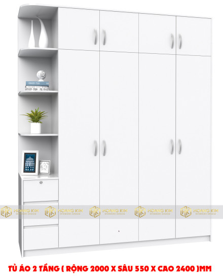 Tủ áo 2m x 2m4 4 cánh mở kệ hông ( Mã màu 101T )