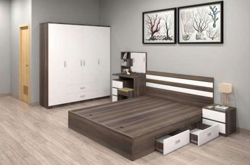 Combo phòng ngủ tủ áo cánh mở 1m8 + giường có hộc kéo, đầu sọc M915