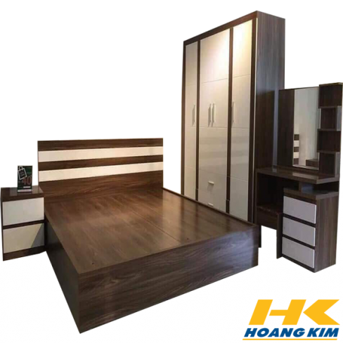 -    Giường Ngủ Gỗ MDF Melamine 1m6x2m Màu Óc Chó Sọc Trắng