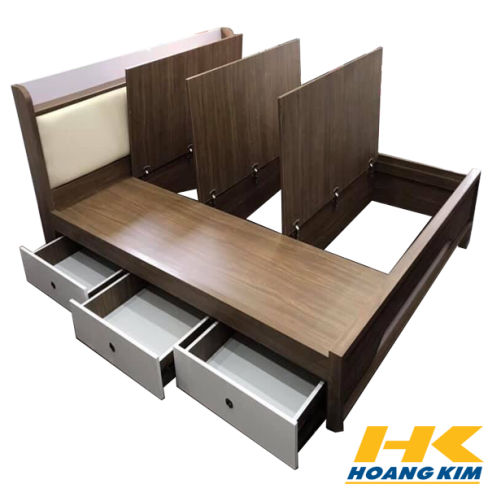 Giường Ngủ Gỗ MDF Melamine 1m6x2m Có 3 Hộc Kéo 3 Tủ Kho Màu Óc Chó