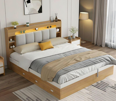 Giường ngủ gỗ công nghiệp đầu kệ gắn ốp nệm -GHK01