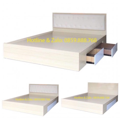Giường Ngủ Gỗ Ngăn Kéo Đầu Nệm Màu Kem Hoàng Kim 240