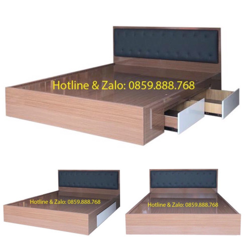 Giường Ngủ Gỗ Ngăn Kéo Đầu Nệm Màu Xám Đậm Hoàng Kim 340