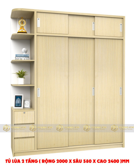 Tủ áo 2m x 2m4 3 cánh lùa kệ hông ( Mã màu 240)