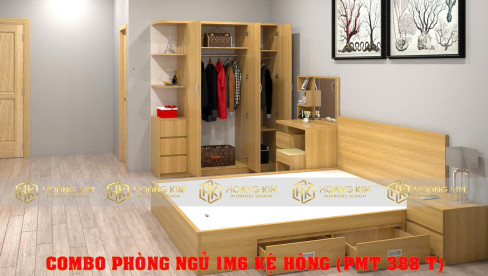 COMBO PHÒNG NGỦ TỦ ÁO CÁNH MỞ KỆ HÔNG 1M6 + GIƯỜNG 1M6 CÓ HỘC KÉO